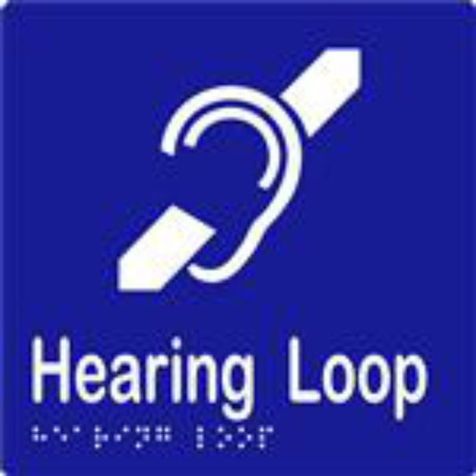 Hearing Loop Sign with Braille, Laminated Vinyl 150x150 Blue Over White in Blue