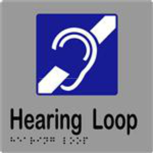 Hearing Loop Sign with Braille, Laminated Vinyl 150x150 Silver Over Black in Silver