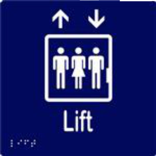 Lift Sign with Braille, Laminated Vinyl 150x150 Blue Over White in Blue