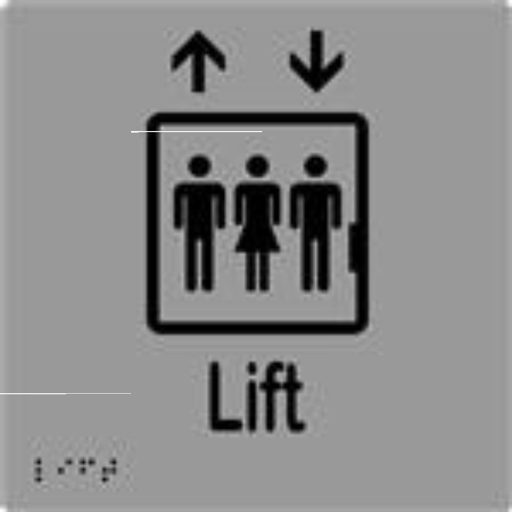 Lift Sign with Braille, Laminated Vinyl 150x150 Silver Over Black in Silver