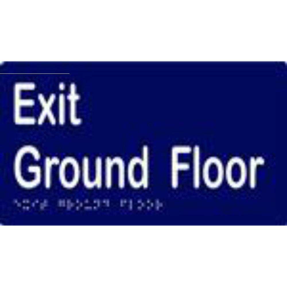 Exit Level Ground Sign with Braille, Laminated Vinyl 210 X 120 Blue Over White in Blue