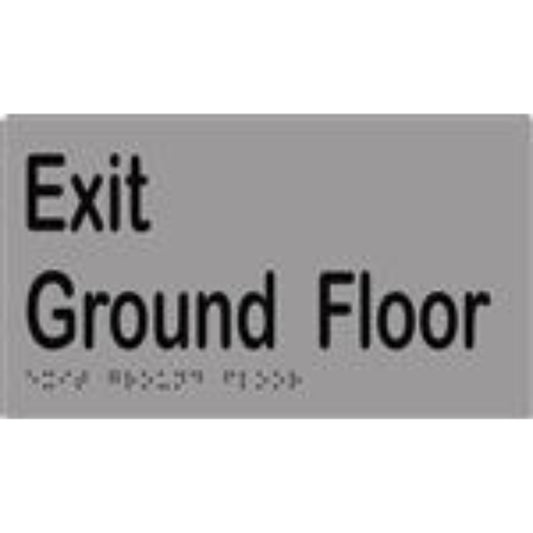 Exit Level Ground Sign with Braille, Laminated Vinyl 210 x 120 Silver Over Black in Silver