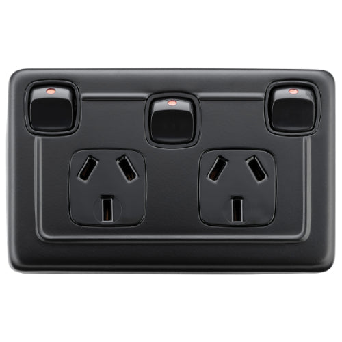 Socket Flat Plate Rocker Double With Switch Matt Black H72xW115mm in Matt Black