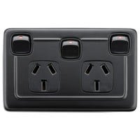 Socket Flat Plate Rocker Double With Switch Matt Black H72xW115mm in Matt Black