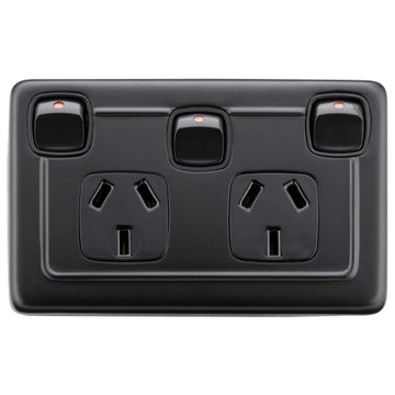 Socket Flat Plate Rocker Double With Switch Matt Black H72xW115mm in Matt Black