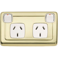 Socket Flat Plate Rocker Double White Polished Brass H72xW115mm in White / Polished Brass