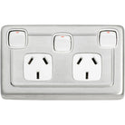 Socket Flat Plate Rocker Double With Switch White Satin Chrome H72xW115mm in Satin Chrome