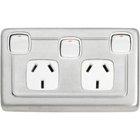 Socket Flat Plate Rocker Double With Switch White Satin Chrome H72xW115mm in Satin Chrome