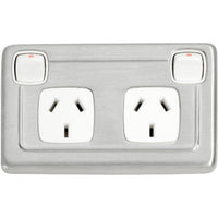 Socket Flat Plate Rocker Double White Satin Chrome H72xW115mm in Satin Chrome