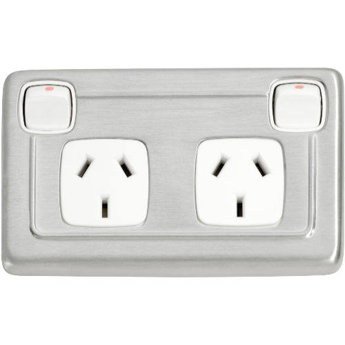 Socket Flat Plate Rocker Double White Satin Chrome H72xW115mm in Satin Chrome