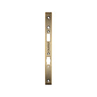 Momo roller mortice lock forend plate in brushed brass finish, showing the metal plate with mounting holes for door installation.