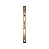 Momo roller mortice lock forend plate in brushed brass finish, showing the metal plate with mounting holes for door installation.