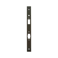 Momo roller mortice lock forend plate in dark brass finish, showing detailed metal construction and mounting design.