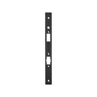 Momo roller mortice lock forend plate in black metal, showing its sleek design and mounting details.
