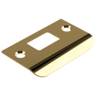 70mm D-shaped strike plate from Style Finish Doorware, showing polished brass finish and detailed mounting features.
