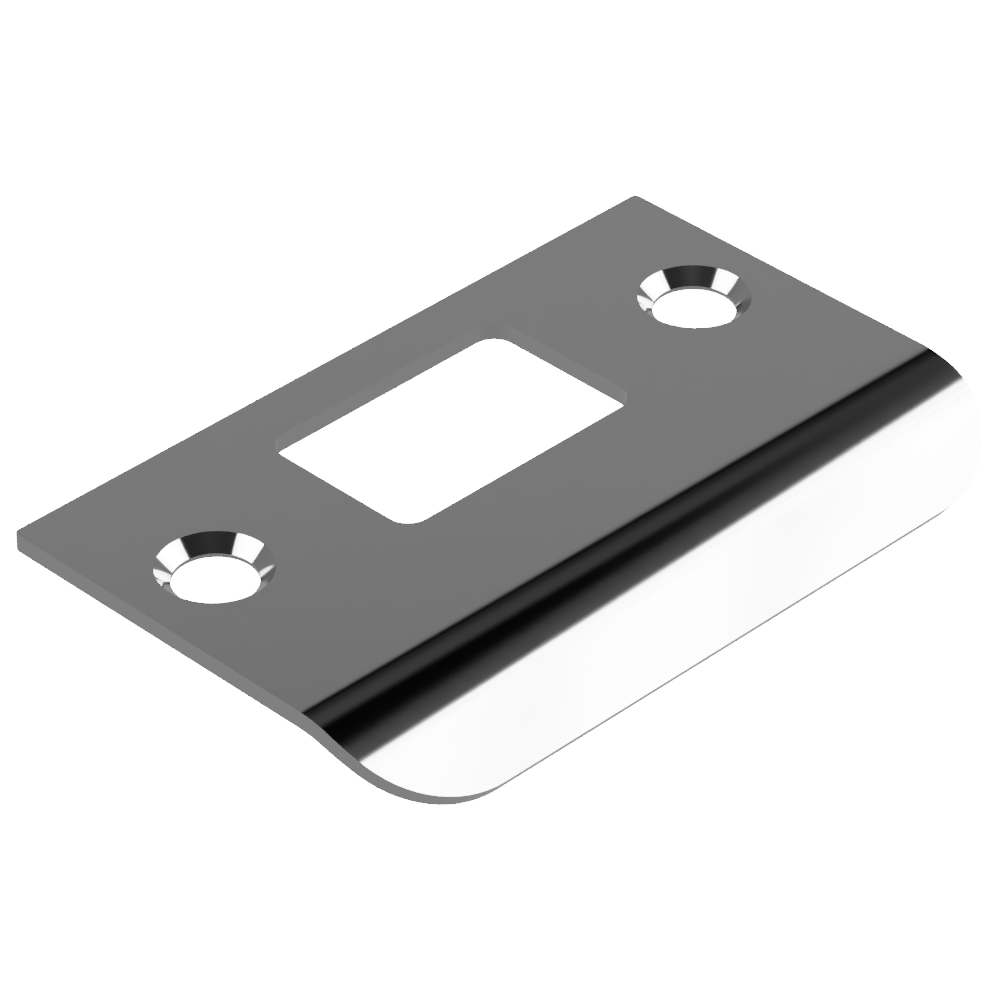 70mm D-shaped strike plate by Style Finish Doorware, showing a polished chrome finish and mounting holes for door latch installation.