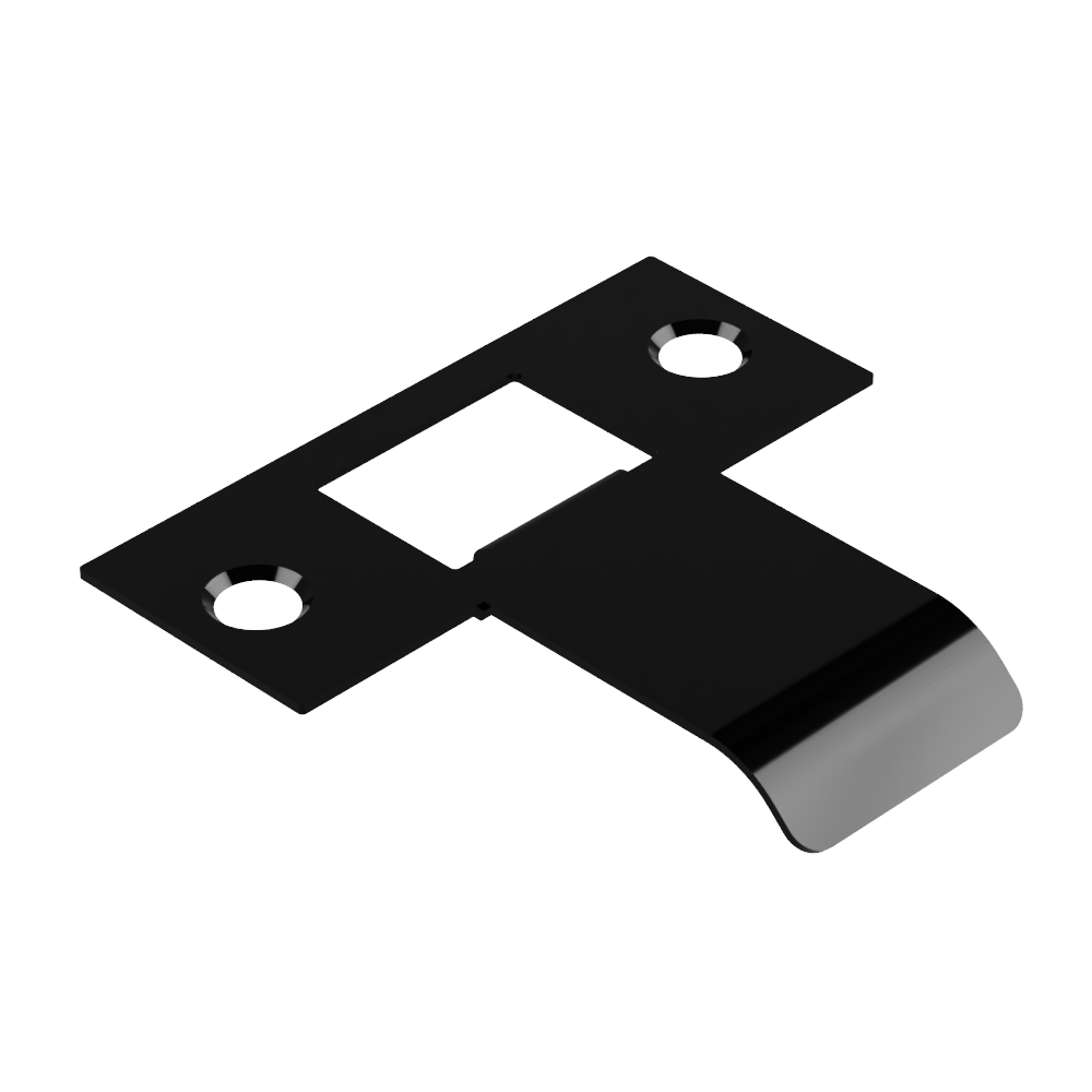 Black extended latch strike plate for doors, 040mm size, by Style Finish Doorware, showing the durable metal plate with latch opening.