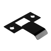 Black extended latch strike plate for doors, 040mm size, by Style Finish Doorware, showing the durable metal plate with latch opening.