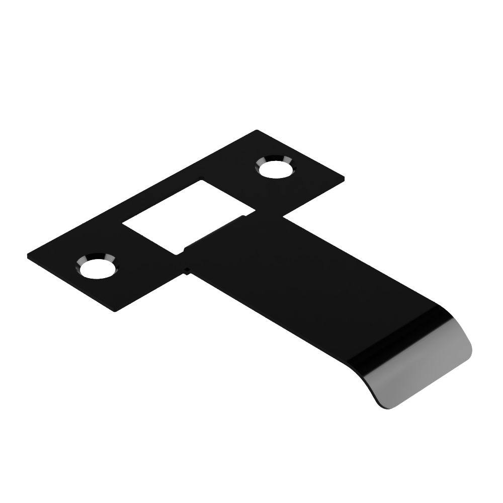 Extended latch strike plate from Style Finish Doorware, 60mm size, in black finish, showing the durable metal construction.