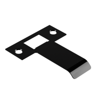 Extended latch strike plate from Style Finish Doorware, 60mm size, in black finish, showing the durable metal construction.