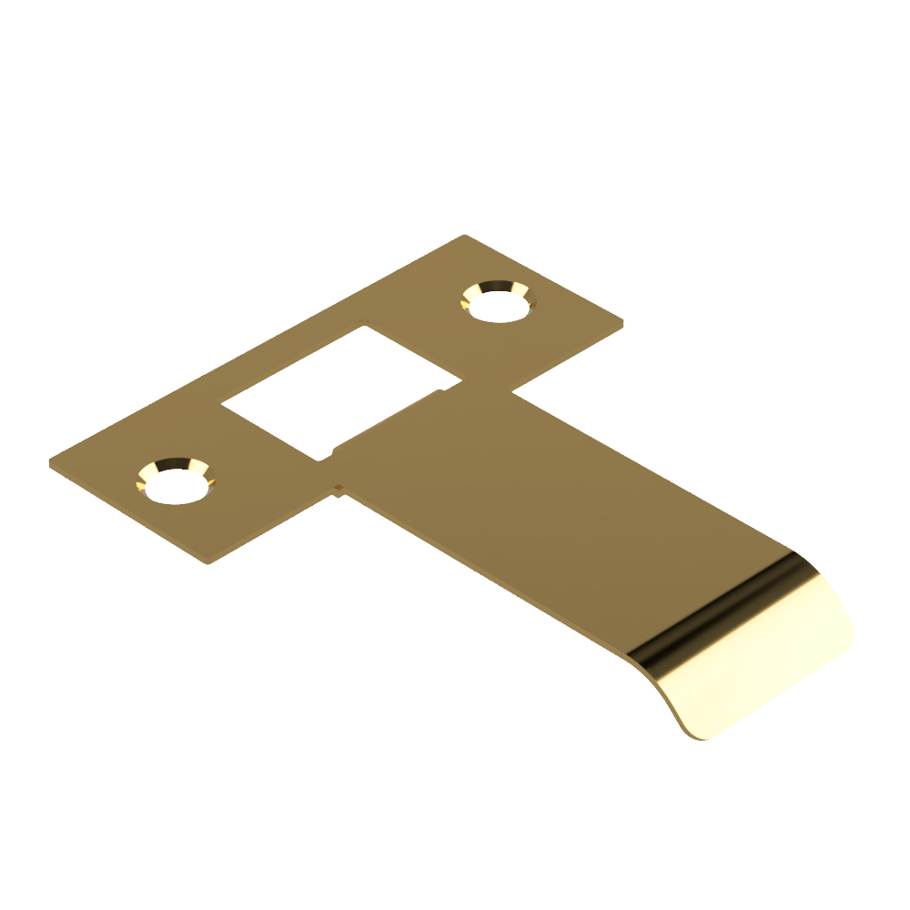 Extended latch strike plate in satin brass by Style Finish Doorware, showing a close-up of the 60mm latch strike plate on a door.