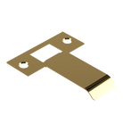 Extended latch strike plate in satin brass by Style Finish Doorware, showing a close-up of the 60mm latch strike plate on a door.