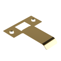 Extended latch strike plate in satin brass by Style Finish Doorware, showing a close-up of the 60mm latch strike plate on a door.