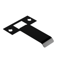 Black extended latch strike plate by Style Finish Doorware, 70mm length, showing the metal plate with latch opening.