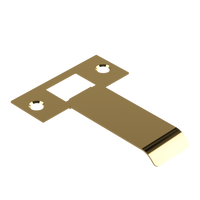 Extended latch strike plate by Style Finish Doorware, 70mm length, in a sleek silver finish, shown mounted on a door frame.