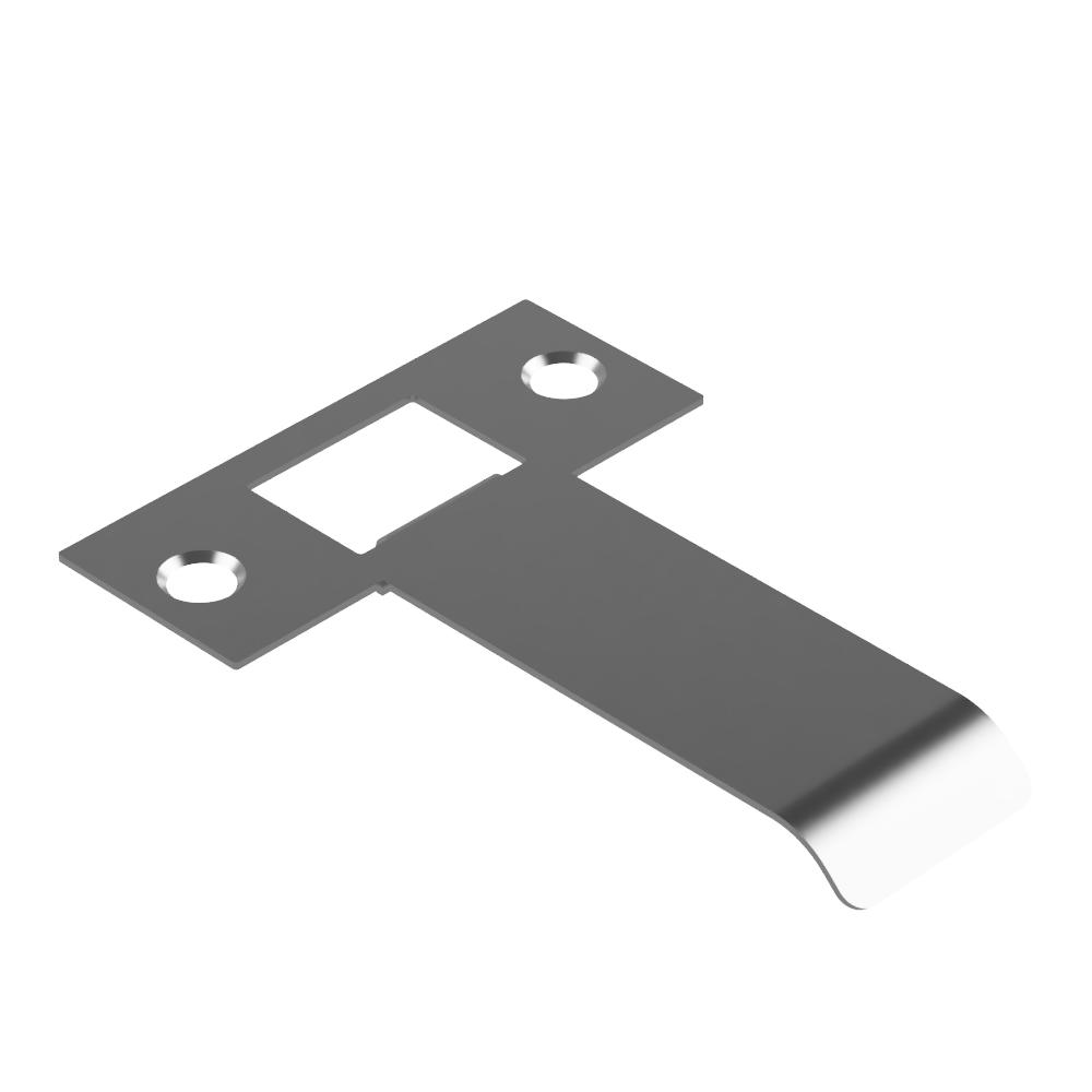 Extended latch strike plate by Style Finish Doorware, 70mm size, with a silver finish, visible on a door frame.