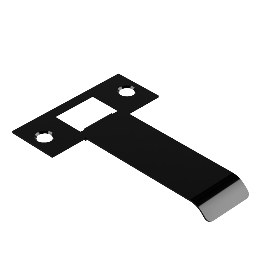 Black extended latch strike plate from Style Finish Doorware, 080mm size, designed for enhanced door security and durability.