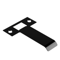 Black extended latch strike plate from Style Finish Doorware, 080mm size, designed for enhanced door security and durability.