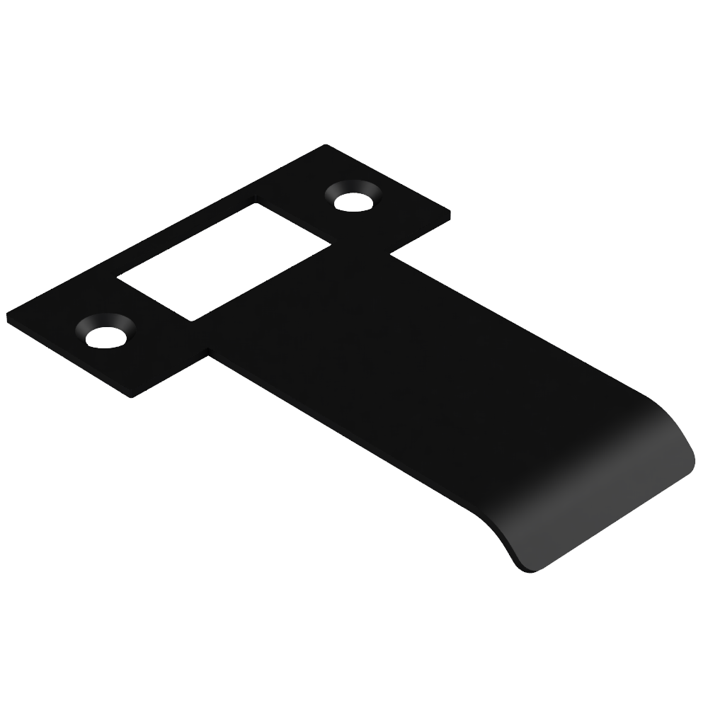 Black 70mm Style Finish Doorware AUS mortice lock strike plate installed on a door frame.