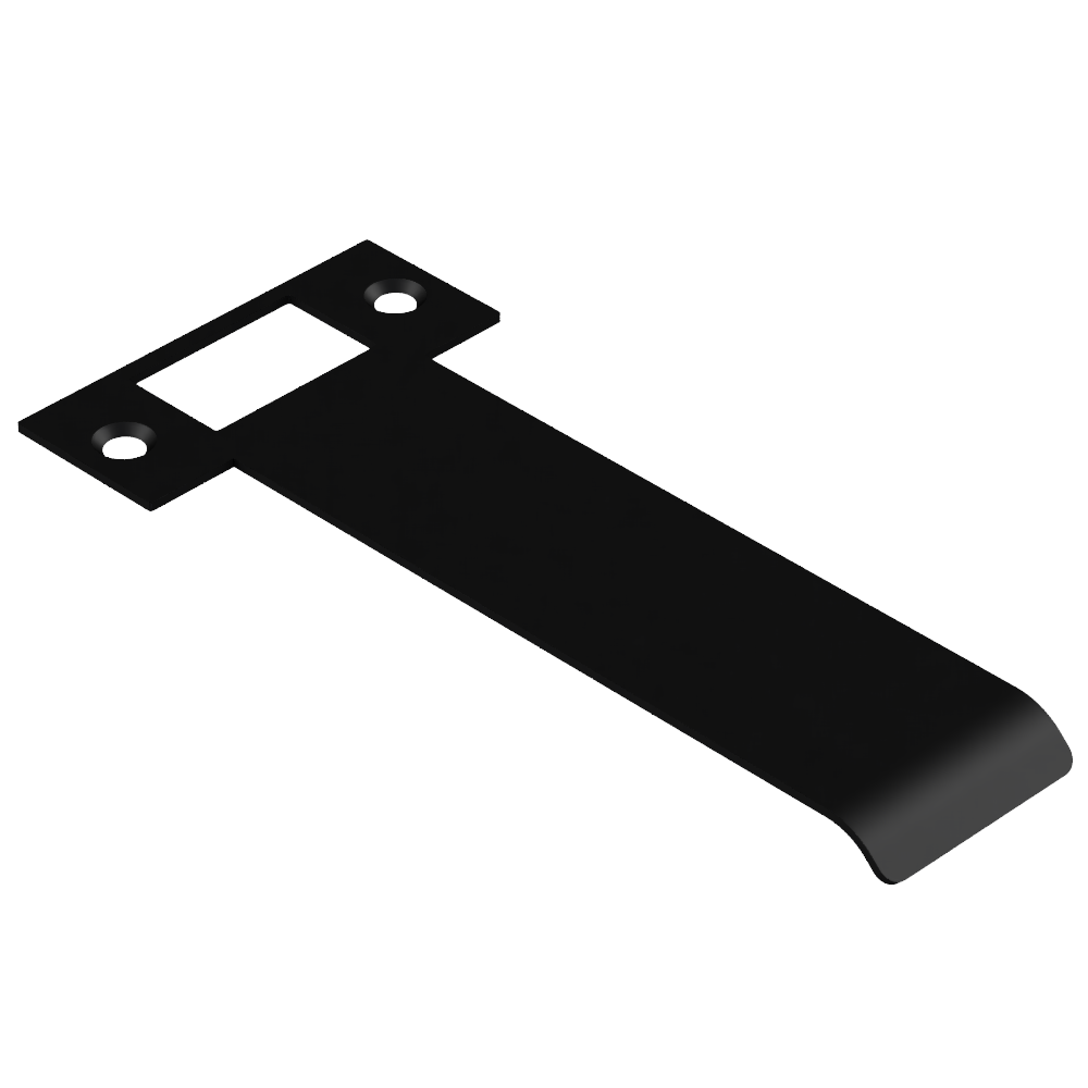Black 130mm AUS mortice lock strike plate by Style Finish Doorware, showing the metal plate with screw holes for door installation.