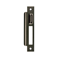 Momo roller mortice lock strike plate in dark brass finish, metal hardware for secure door framing, detailed close-up image