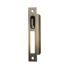 Momo roller mortice lock strike plate in dark brushed brass finish, designed for secure door installation.