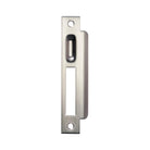 Momo roller mortice lock strike plate in brushed bronze finish, showing detailed metal construction and mounting holes.