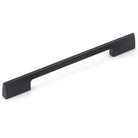 Momo VIESTE cabinet pull handle in matte black, sleek metal design, mounted on a wooden cabinet door.