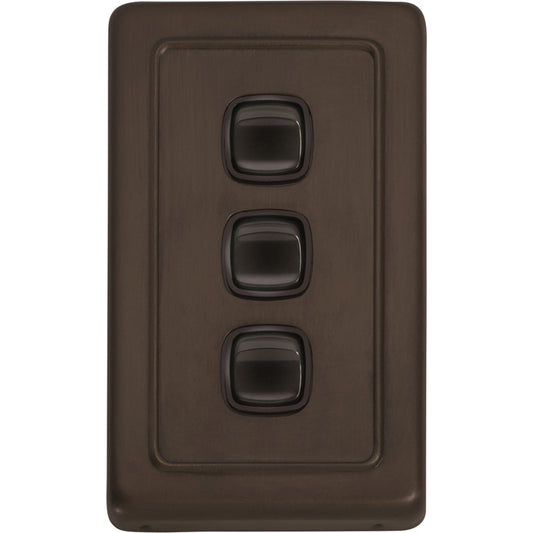 Switch Flat Plate Rocker 3 Gang Brown Antique Brass H115xW72mm in Antique Brass