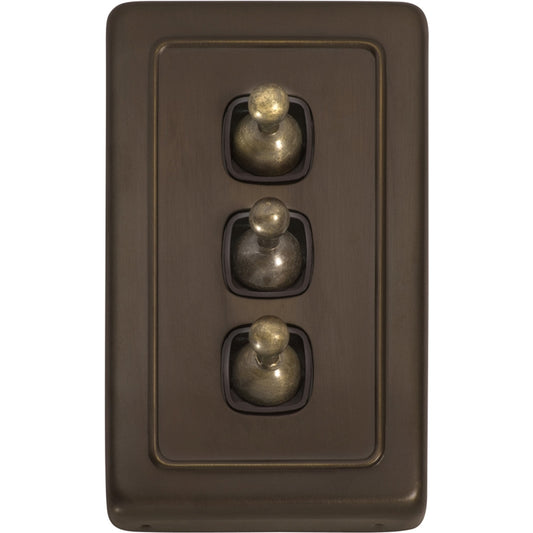 Switch Flat Plate Toggle 3 Gang Brown Antique Brass H115xW72mm in Antique Brass