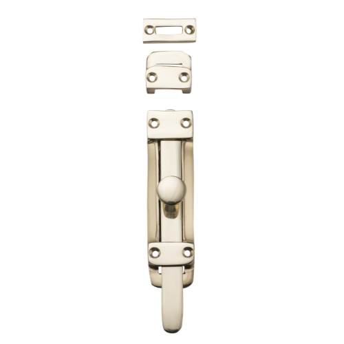 Tradco tower bolts with a metallic finish, featuring a sliding bolt mechanism for secure door or window fastening.