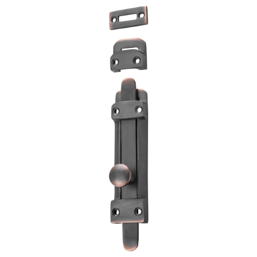 Tradco Tower Bolts in metal finish, showing the sturdy bolt and matching mounting screws for secure door or window security.