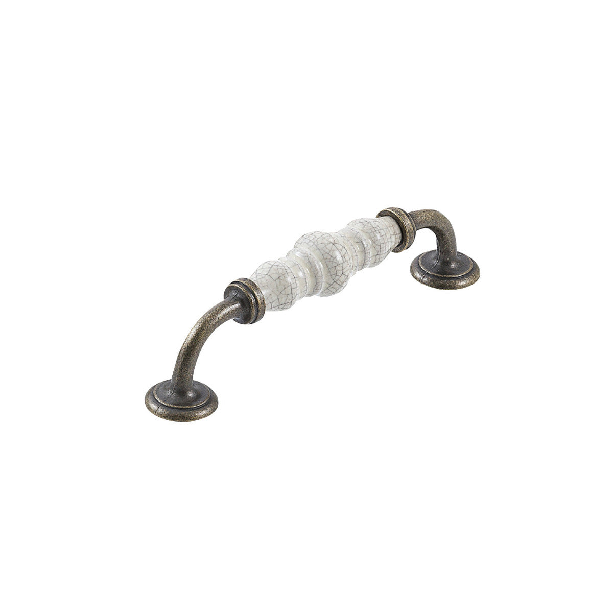 Momo Trianon ceramic cabinet pull handle in creamy beige with dark crackle finish, mounted on a cabinet door.