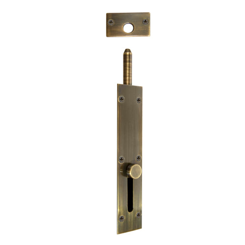 Windsor reverse barrel bolt in black finish mounted on wooden door for secure latching and privacy.