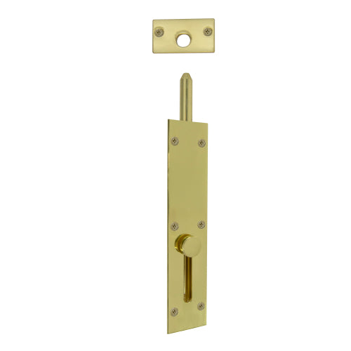 Windsor reverse barrel bolt in polished metal, mounted on door with visible screw holes for secure latch and security.