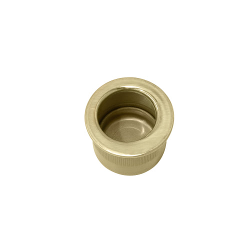 Windsor Circular Edge Pull handle, 29mm diameter, with polished brass finish, mounted on a modern furniture drawer or cabinet.