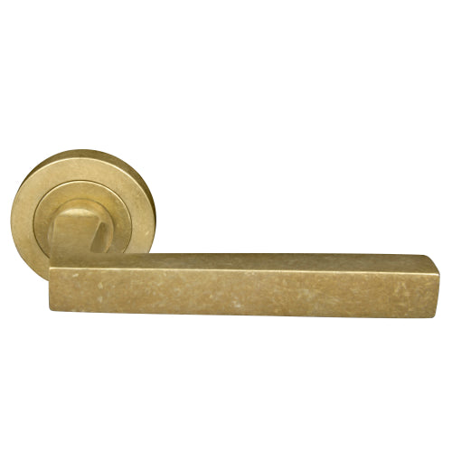 Federal 52mm Round Rose Lever Set in Rumbled Brass
