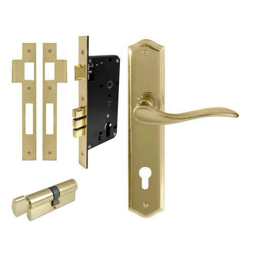 Hermitage Traditional Backplate Entrance Set - E85 in Polished Brass