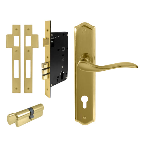 Hermitage Traditional Backplate Entrance Set - E85 in Polished Brass Unlacquered