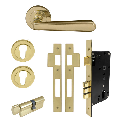 Villa Round Rose Entrance Set - E85 in Polished Brass